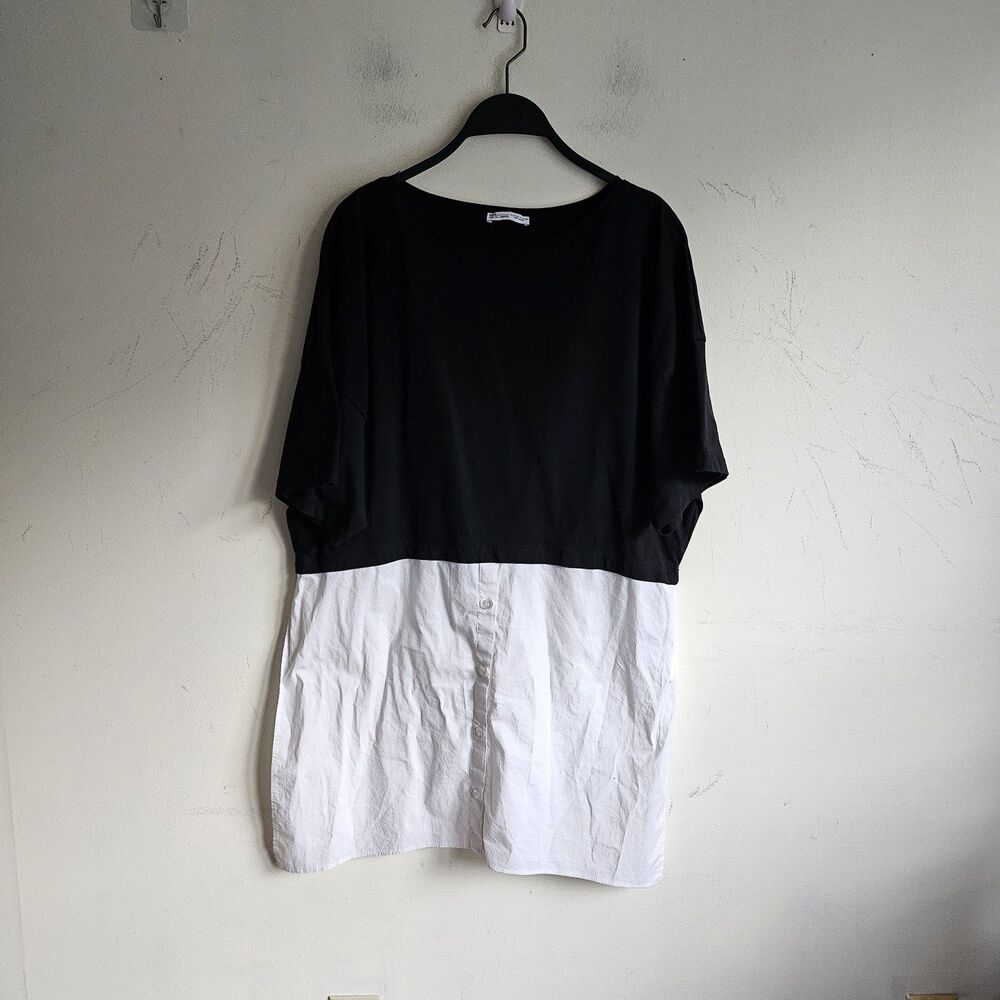 Zara Mixed Media Hybrid Top Black White Button Down T-Shirt Tunic Techwear Small - Picture 2 of 7
